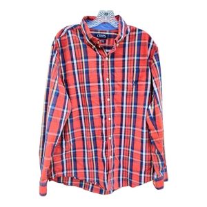 Chaps Ralph Lauren Shirt Mens Long Sleeve Button Up Plaid Size Large Orange Blue